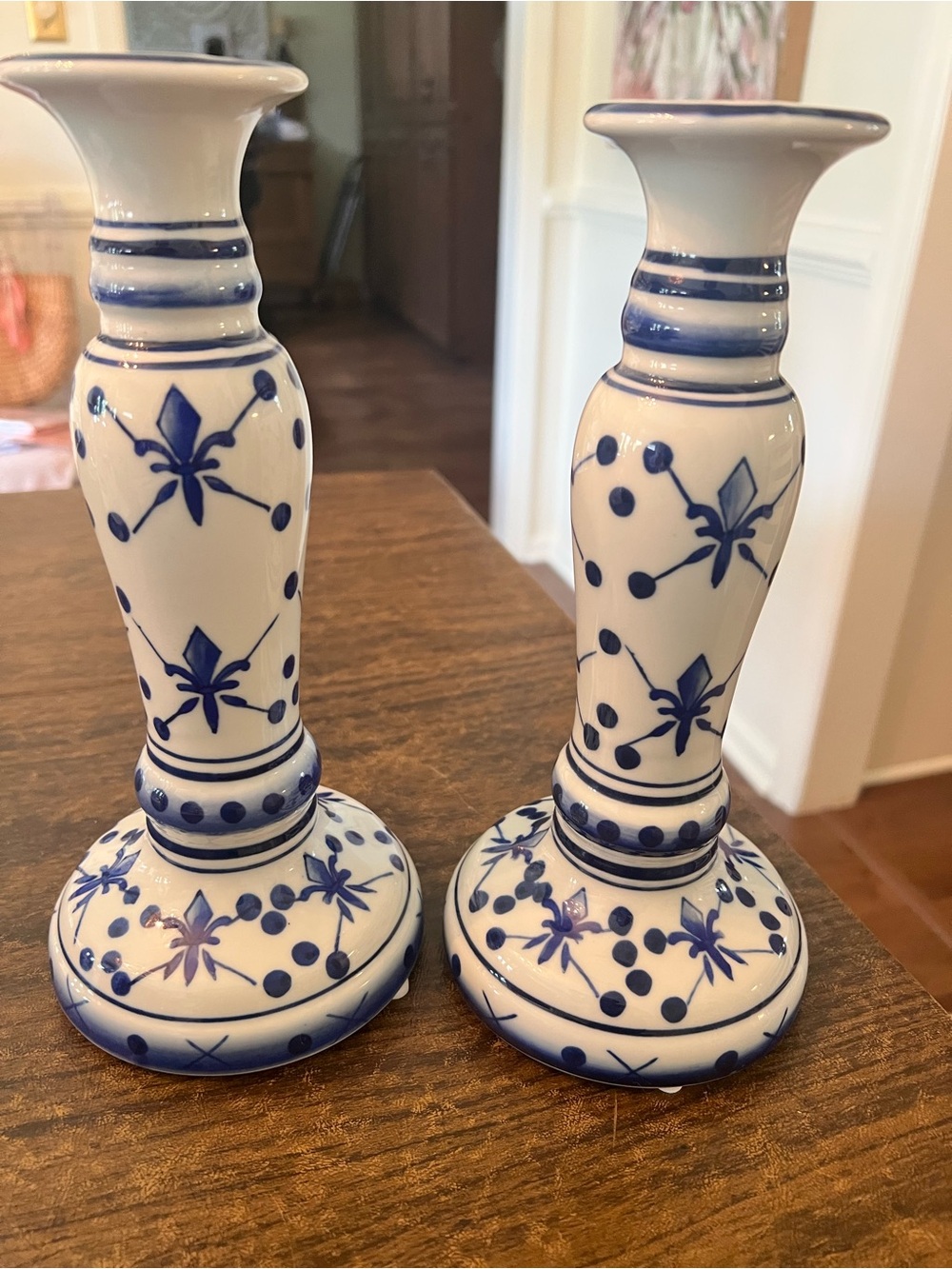 Blue and White Ceramic Candlesticks with Floral Motif - Pair